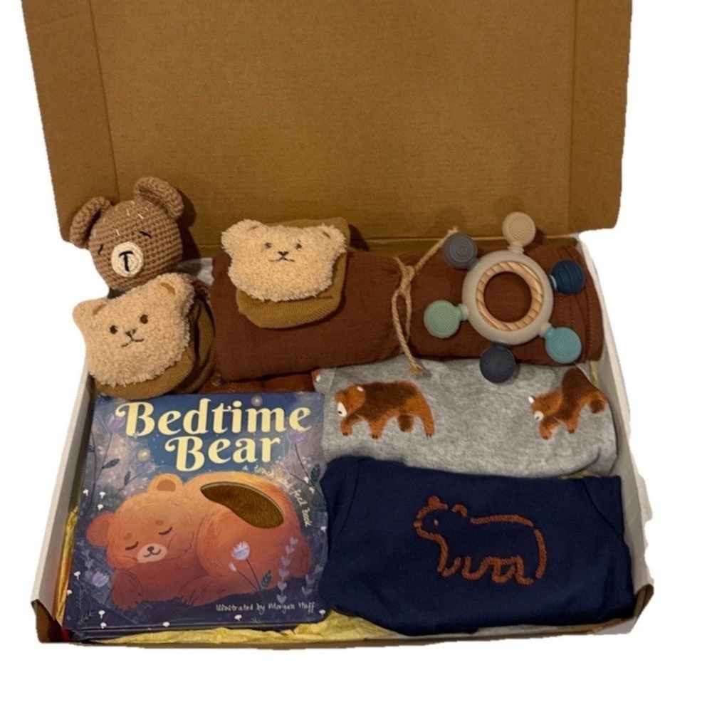 Baby Boy Bear Shower Gift Box, Book, Blanket, Bodysuits, Teether, Rattle, Socks